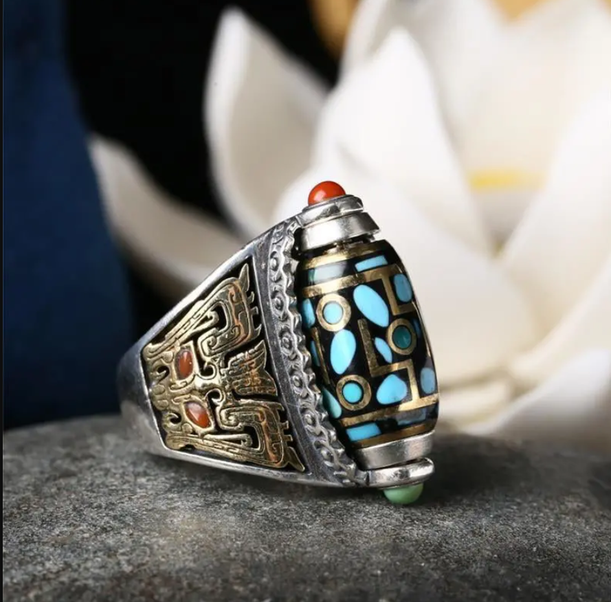 Anillo de cuentas Dzi de nueve ojos con mantra de seis caracteres turquesa