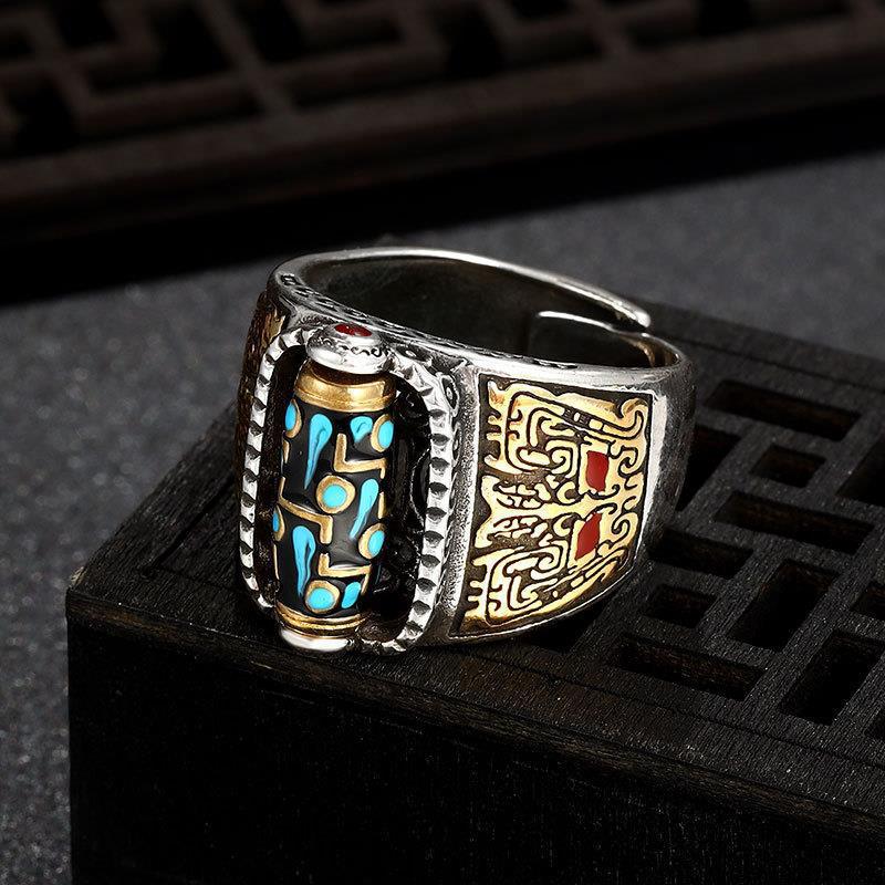 Anillo de cuentas Dzi de nueve ojos con mantra de seis caracteres turquesa